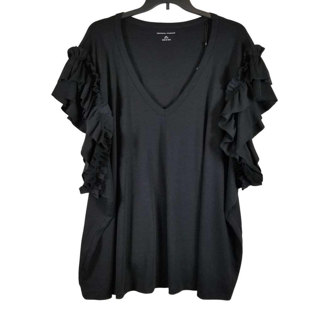 Universal Standard Ruffle Sleeve Top Women 4XL Black V-Neck Ribbed UST01940